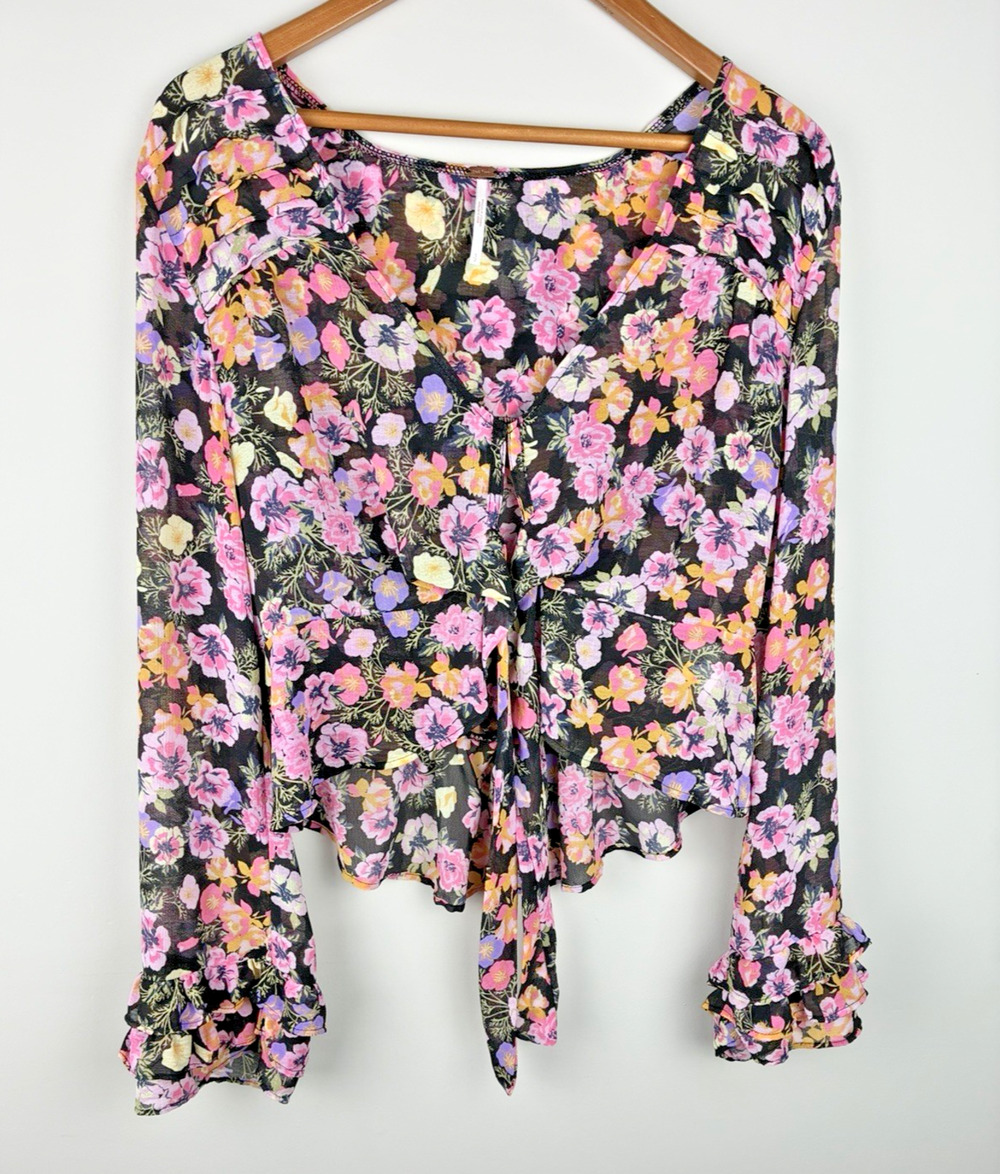 Free People Floral Blouse Womens Small Black Pink Sheer Ruffle Tie Front Boho